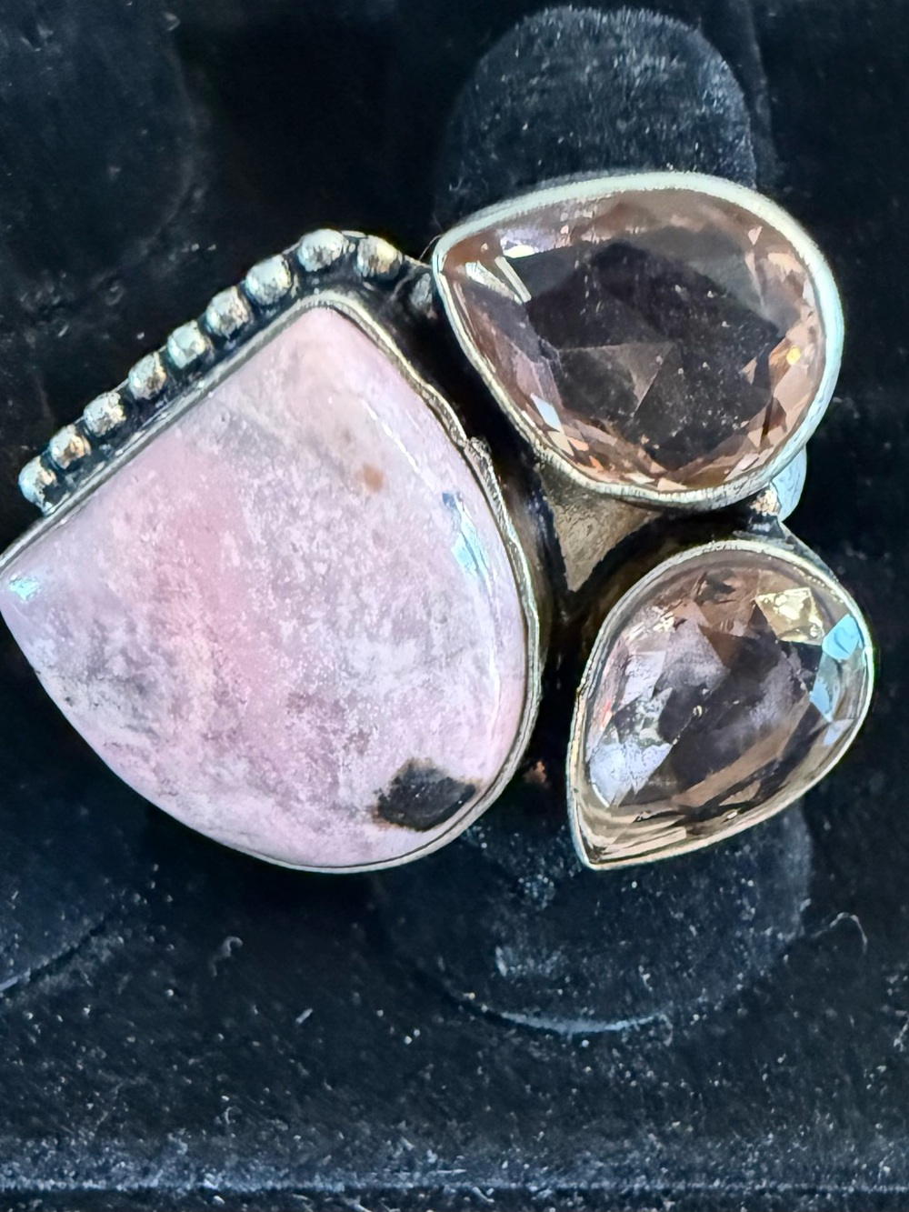 Sterling Silver Pink Stone & Pink Crystal Statement Ring